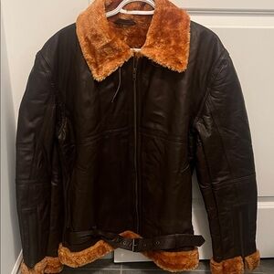 Men's Brown Leather Flight Jacket with Tan Shearling Collar